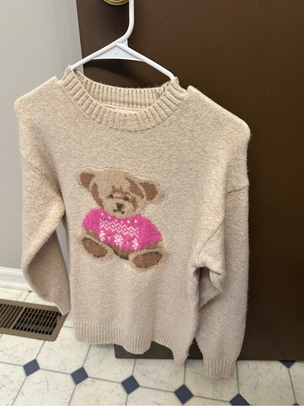 Cozy Beige Teddy Sweater with Pink Accent